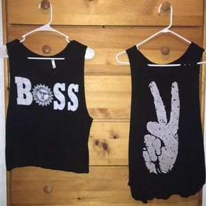 2 relaxed black tanks with white design on front